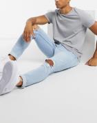 Topman - Afblegede skinny-jeans med stretch og flænger i økologisk bomuldsblanding-Blå